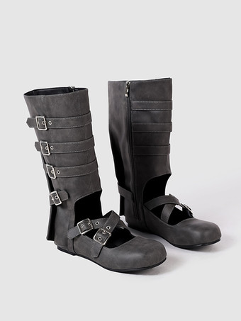 レディースバレエブーツ ラウンドトゥ バックルディテール フラットミッドクラフブーツ