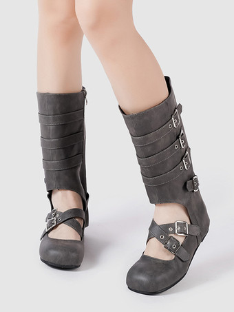 レディースバレエブーツ ラウンドトゥ バックルディテール フラットミッドクラフブーツ