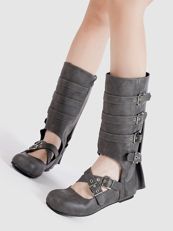 グレイレディースバレエブーツ ラウンドトゥ バックルディテール フラットミッドクラフブーツ