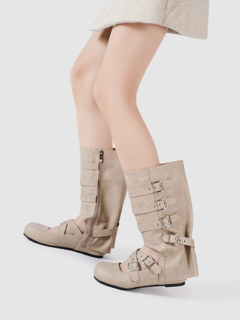 レディースバレエブーツ ラウンドトゥ バックルディテール フラットミッドクラフブーツ