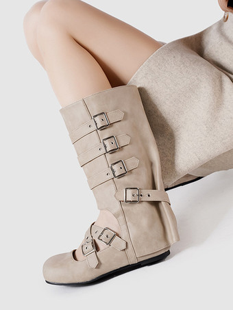 レディースバレエブーツ ラウンドトゥ バックルディテール フラットミッドクラフブーツ