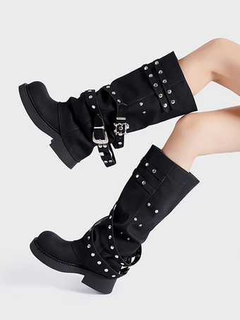 ブラックのミッドカーフブーツ、Womehのラウンドトゥバックルディテールブーツ