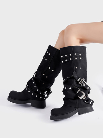 ブラックのミッドカーフブーツ、Womehのラウンドトゥバックルディテールブーツ