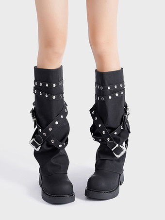 ブラックのミッドカーフブーツ、Womehのラウンドトゥバックルディテールブーツ