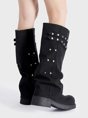 ブラックのミッドカーフブーツ、Womehのラウンドトゥバックルディテールブーツ