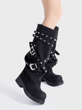 ブラックのミッドカーフブーツ、Womehのラウンドトゥバックルディテールブーツ
