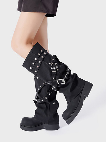 ブラック ブラックのミッドカーフブーツ、Womehのラウンドトゥバックルディテールブーツ