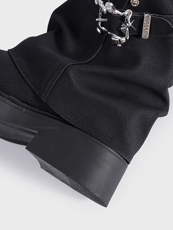 ブラックのミッドカーフブーツ、Womehのラウンドトゥバックルディテールブーツ