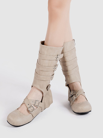 アプリコットレディースバレエブーツ ラウンドトゥ バックルディテール フラットミッドクラフブーツ