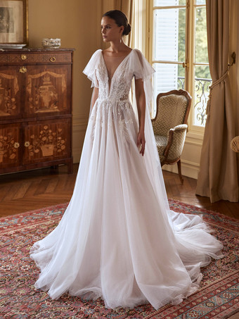 ホワイト取り外し可能な袖付きレースウェディングドレス AラインレースVネックブライダルガウン