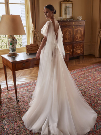 取り外し可能な袖付きレースウェディングドレス AラインレースVネックブライダルガウン