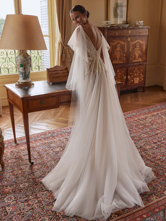 取り外し可能な袖付きレースウェディングドレス AラインレースVネックブライダルガウン