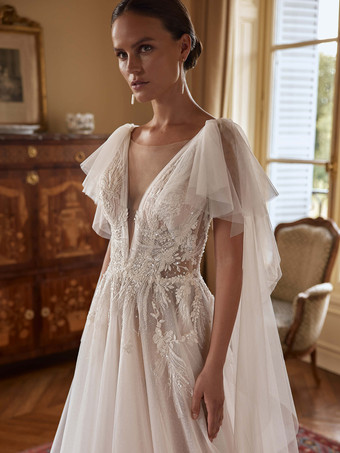 取り外し可能な袖付きレースウェディングドレス AラインレースVネックブライダルガウン