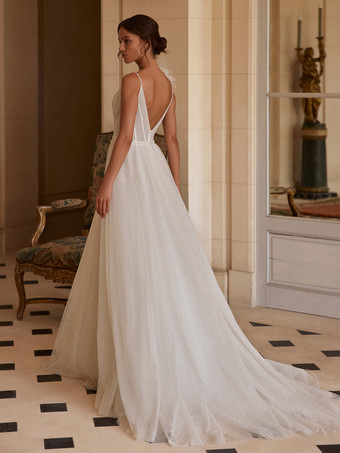 シンプルなウェディングドレス Aライン Vネック ノースリーブ レース ブライダルガウン