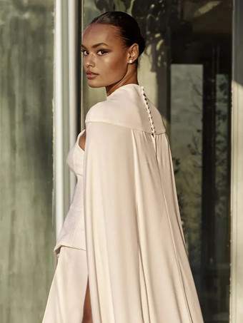 ウェディングラップ アイボリー ノースリーブ デザインネックライン ショール サテン生地 ボタン ブライダルカバーアップ