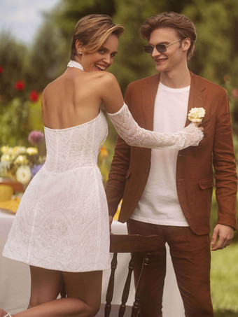 ショートウェディングドレス、ショートスウィートハートネック、7分袖、ショートナチュラルウエスト、レースブライダルドレス