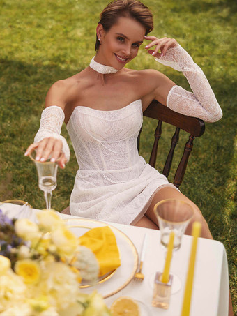 ショートウェディングドレス、ショートスウィートハートネック、7分袖、ショートナチュラルウエスト、レースブライダルドレス