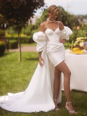 ツーピースウェディングドレス サテン生地 プリーツ スウィートハートネック ツーピース ショート スパゲッティストラップ ジッパー ハーフスリーブ アイボリー