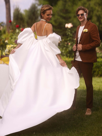 ツーピースウェディングドレス サテン生地 プリーツ スウィートハートネック ツーピース ショート スパゲッティストラップ ジッパー ハーフスリーブ アイボリー