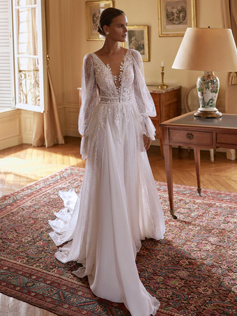 ホワイトボヘミアンウェディングドレス シフォンレース Aライン トレーン付き ナチュラルウエスト ジッパー 長袖 Vネック ホワイト