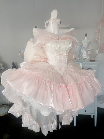 Fairy Lolita Vestido Lolita Dulce Sin Mangas Lazos Vestido Dulce Vestido Lolita Rosa Dos Tonos Con Cola