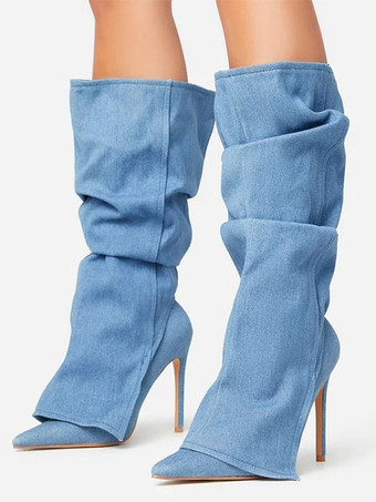レイクブルー デニムニーハイブーツ レディース ポインテッドトゥデザイン ハイヒールブーツ