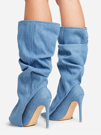 デニムニーハイブーツ レディース ポインテッドトゥデザイン ハイヒールブーツ