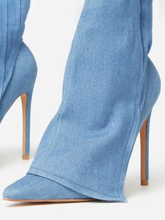 デニムニーハイブーツ レディース ポインテッドトゥデザイン ハイヒールブーツ