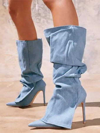 デニムニーハイブーツ レディース ポインテッドトゥデザイン ハイヒールブーツ