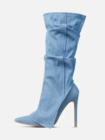 デニムニーハイブーツ レディース ポインテッドトゥデザイン ハイヒールブーツ