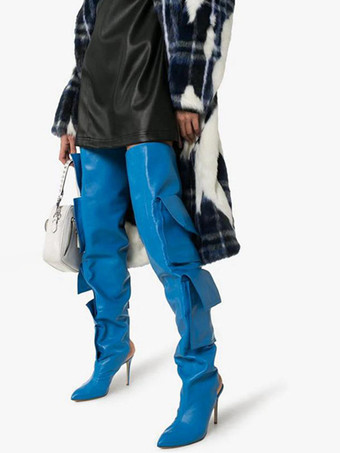 ブルーのサイハイブーツ、レディース、ポインテッドトゥ、ポケットディテール、スリングバック、オーバーニーブーツ