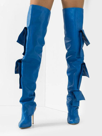 ブルーのサイハイブーツ、レディース、ポインテッドトゥ、ポケットディテール、スリングバック、オーバーニーブーツ