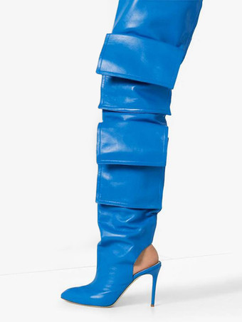 ブルーのサイハイブーツ、レディース、ポインテッドトゥ、ポケットディテール、スリングバック、オーバーニーブーツ