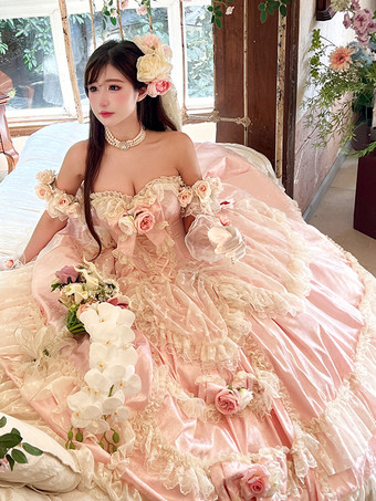 プリンセスフェアリーロリータウェディングドレス ストラップレス フロアレングス マルチレイヤーフラワーロリータドレス