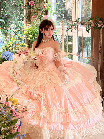 プリンセスフェアリーロリータウェディングドレス ストラップレス フロアレングス マルチレイヤーフラワーロリータドレス
