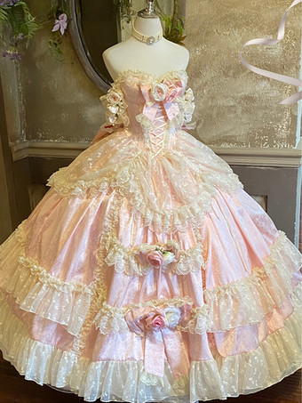 ピンクプリンセスフェアリーロリータウェディングドレス ストラップレス フロアレングス マルチレイヤーフラワーロリータドレス