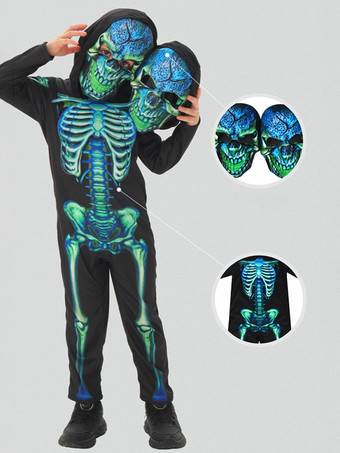 ハロウィン スケルトン コスチューム 子供用 ツインヘッドマスク＆ジャンプスーツ ステージパフォーマンス衣装