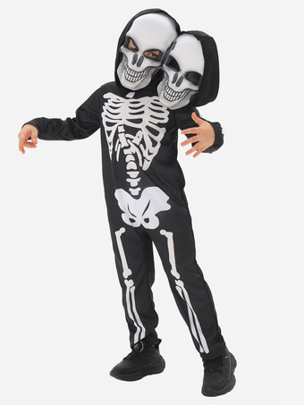 ホワイト ハロウィン スケルトン コスチューム 子供用 ツインヘッドマスク＆ジャンプスーツ ステージパフォーマンス衣装