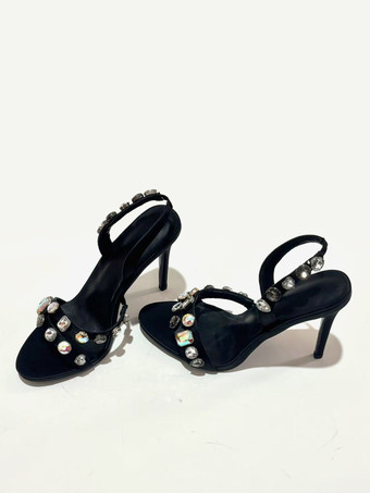 ブラックパーティーシューズ レディース オープントゥ ラインストーン スリングバック ハイヒールサンダル