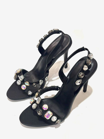 ブラック ブラックパーティーシューズ レディース オープントゥ ラインストーン スリングバック ハイヒールサンダル