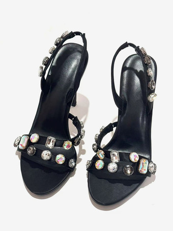 ブラックパーティーシューズ レディース オープントゥ ラインストーン スリングバック ハイヒールサンダル