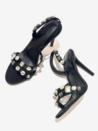 ブラックパーティーシューズ レディース オープントゥ ラインストーン スリングバック ハイヒールサンダル