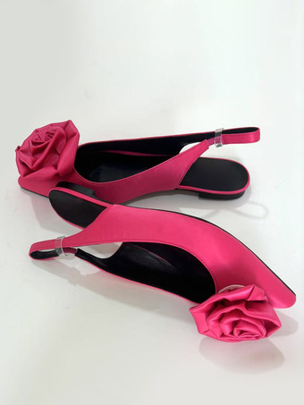 サテンバレエフラットシューズ レディース ポインテッドトゥ フラワーディテール スリッポンパンプス