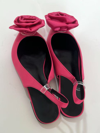 サテンバレエフラットシューズ レディース ポインテッドトゥ フラワーディテール スリッポンパンプス