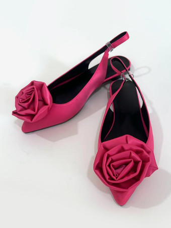 サテンバレエフラットシューズ レディース ポインテッドトゥ フラワーディテール スリッポンパンプス