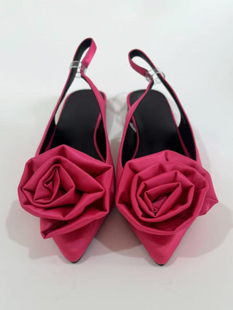 ローズレッドサテンバレエフラットシューズ レディース ポインテッドトゥ フラワーディテール スリッポンパンプス