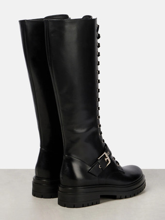 ブラック コンバットブーツ レディース ラウンドトゥ レースアップ バックルディテール フラット ライディングブーツ