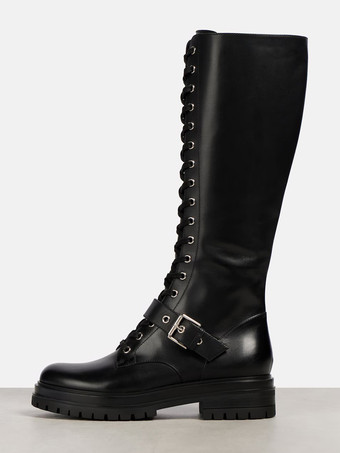 ブラック ブラック コンバットブーツ レディース ラウンドトゥ レースアップ バックルディテール フラット ライディングブーツ
