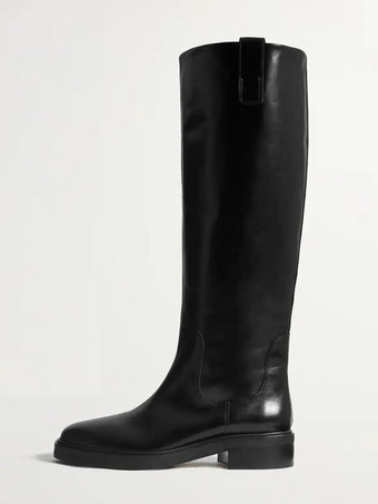 ブラック乗馬ブーツ レディース ラウンドトゥ フラットニーハイブーツ