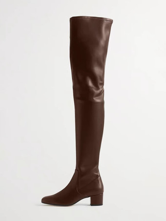 ディープブラウンレディース オーバーニーブーツ スクエアトゥ チャンキーヒール サイハイブーツ